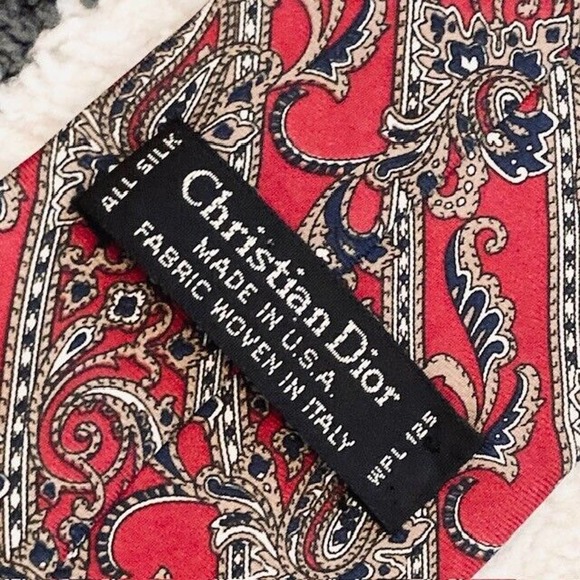 Vintage Christian Dior Silk Red Blue Taupe Paisley Stripe Print Designer Tie - Picture 6 of 8